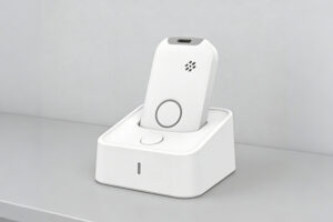 Senior user wearing SOS watch for fall detection and emergency calling