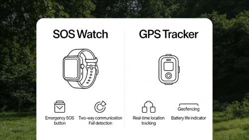 Side-by-side comparison of SOS watch and GPS tracker highlighting differences in emergency response, communication features, and tracking technology