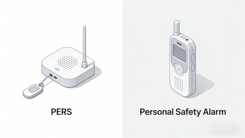 Senior using an eView mPERS personal emergency response system with fall detection feature at home.