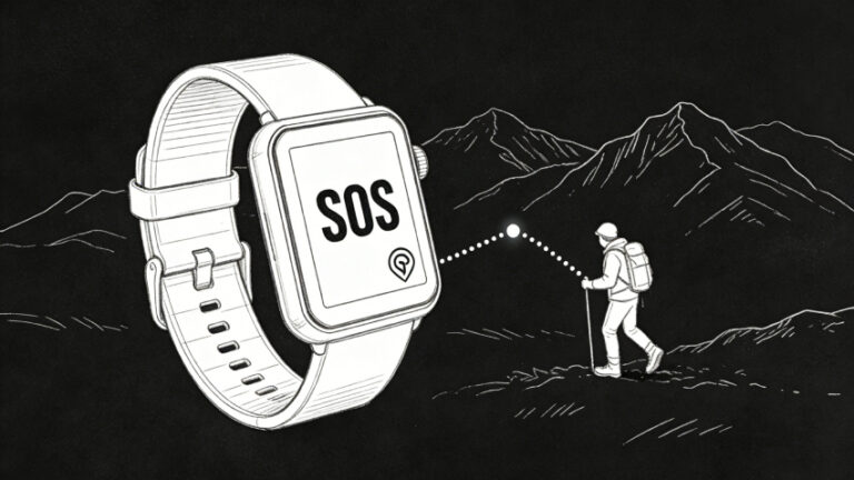 Emergency SOS smartwatch showing SOS alert screen and GPS location — wearable safety device for personal emergency response.