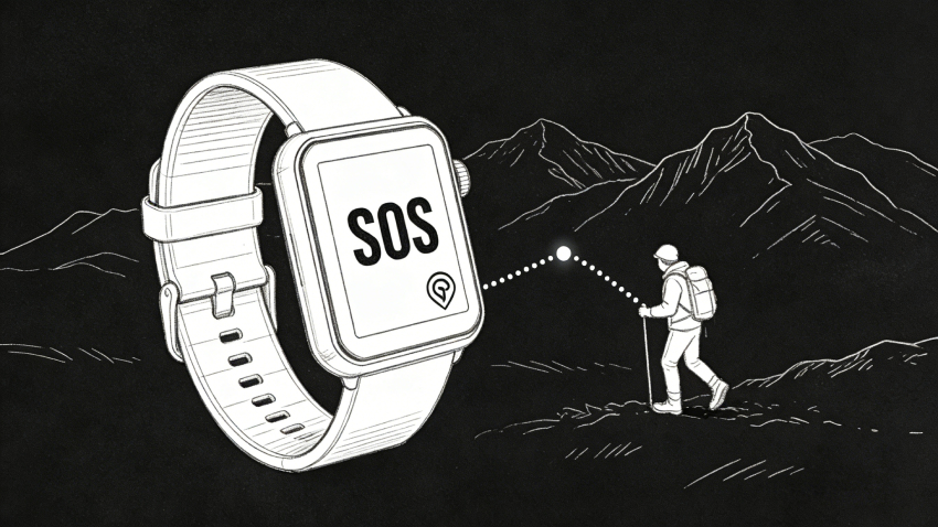 Emergency SOS smartwatch showing SOS alert screen and GPS location — wearable safety device for personal emergency response.