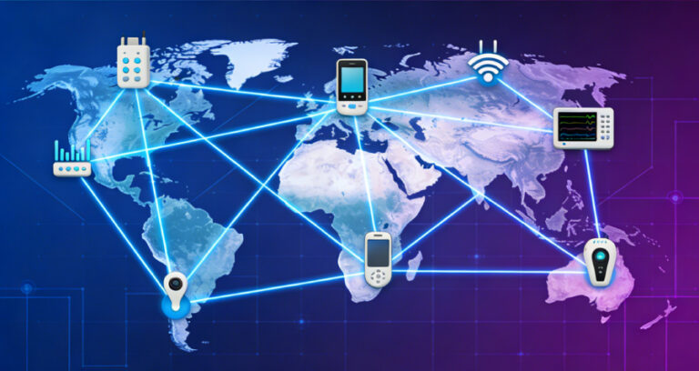 Telecare IoT architecture diagram showing IoT-enabled care devices, edge gateway, secure connectivity layer, cloud analytics platform, and monitoring center workflow