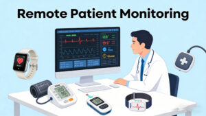 Remote patient monitoring devices including blood pressure monitor, glucose monitor, and wearable health sensors used for remote healthcare monitoring.