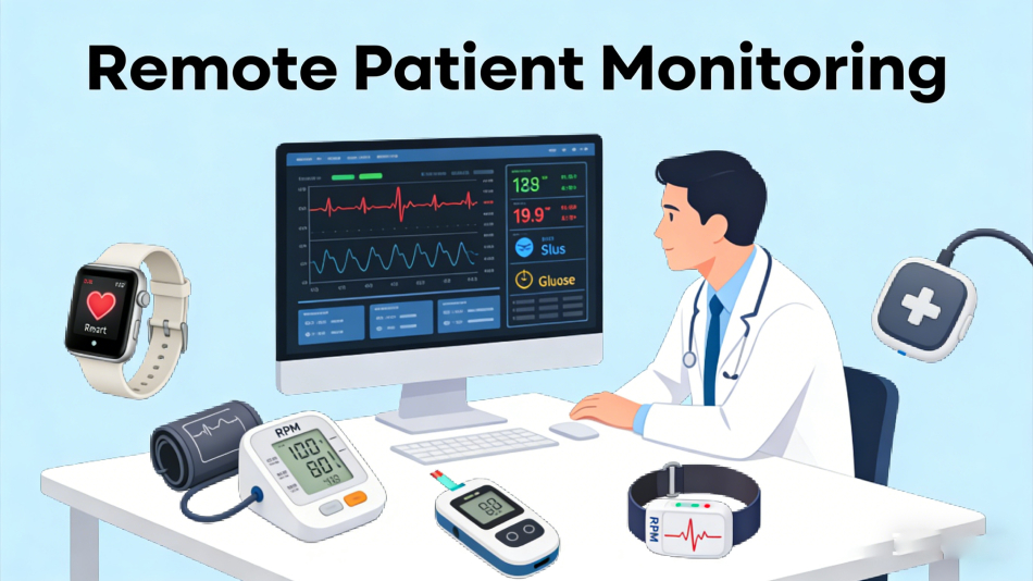 Remote patient monitoring devices including blood pressure monitor, glucose monitor, and wearable health sensors used for remote healthcare monitoring.