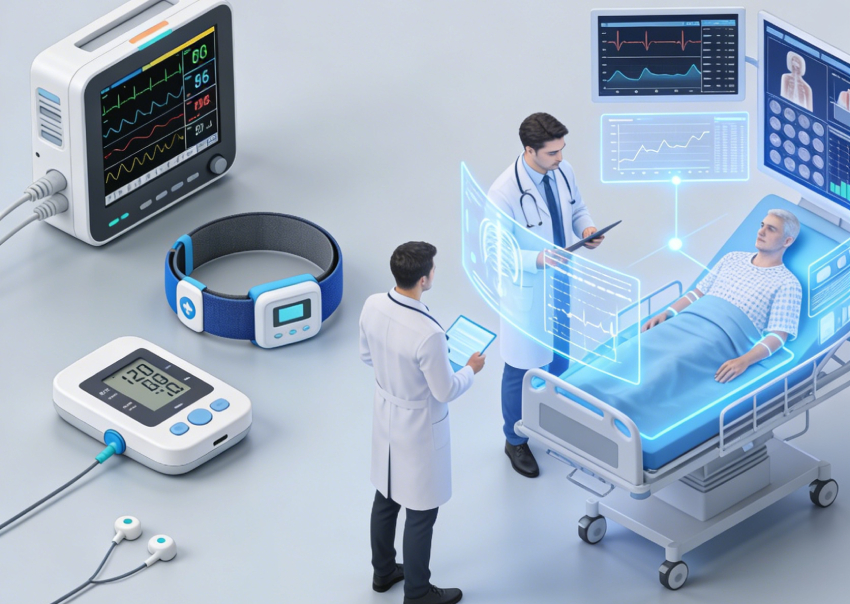 Illustration showing how Remote Patient Monitoring (RPM) connects patients and healthcare providers through digital devices and cloud platforms in 2026.