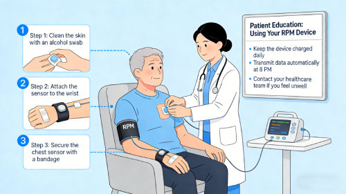step by step RPM billing workflow including enrollment device setup and patient monitoring process