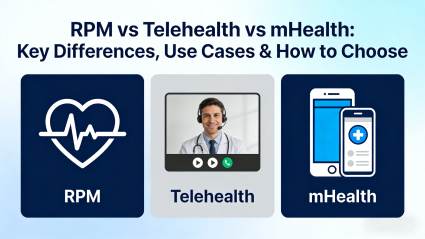 Remote patient monitoring (RPM) vs telehealth vs mHealth comparison showing key differences in data monitoring, communication, and mobile health engagement