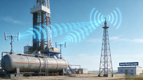graphic showing different connectivity options for industrial remote monitoring systems, including cellular (4G/5G), Wi-Fi, and LPWAN (LoRa, NB-IoT)