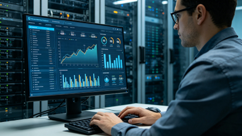 Equipment monitoring system analytics showing predictive maintenance, machine health metrics, and actionable insights for industrial operations.