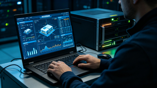 Architecture of an equipment monitoring system showing device layer, IoT connectivity, edge/cloud processing, and analytics dashboard.